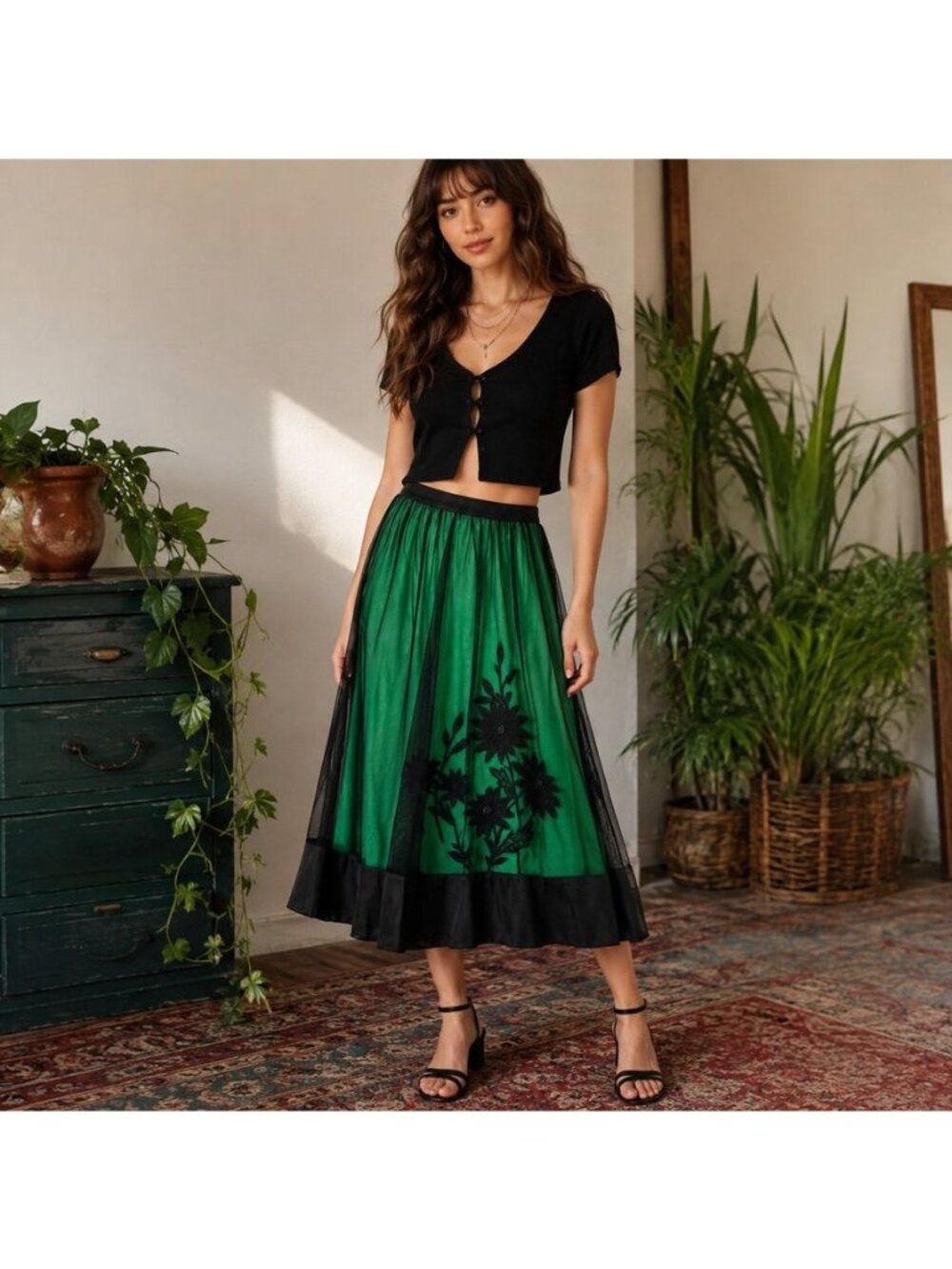 Anthropologie Sheer Midi Skirt Emerald Black Tulle Embroidered Witchy Goth